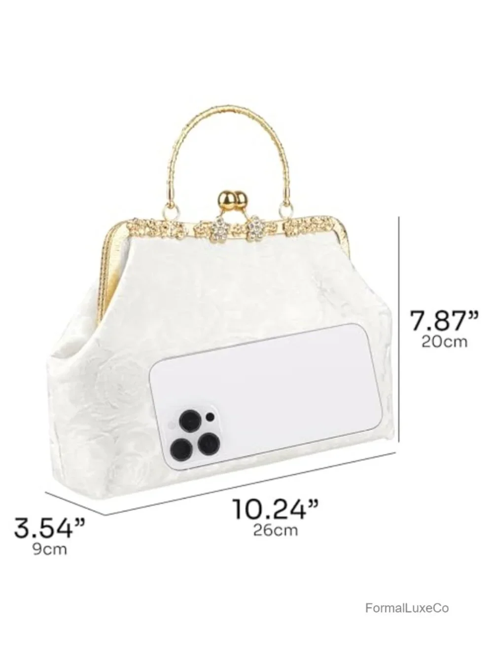 Satin Jacquard Evening Bag Kiss Lock Clutch with Pearl Tassel